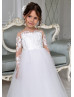 Sheer Long Sleeve White Lace Tulle Flower Girl Dress